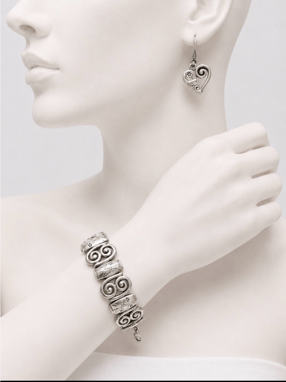 Brighton Silver-Tone Scroll Link Bracelet with Heart Earrings